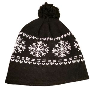 JUNCTURE Knit‎ Beanie Hat Pom Pom Winter Unisex Snowflakes Lined, Black, OS